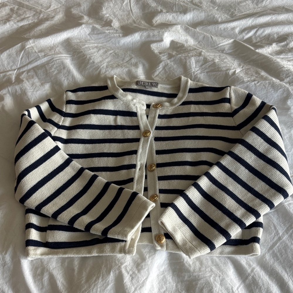 J. Crew Striped Navy and Cream Cardigan Small